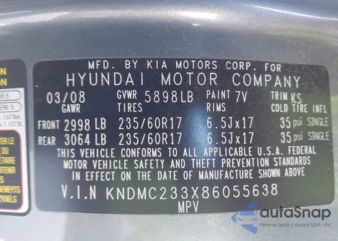 2008 Hyundai Entourage Gls/Limited from USA, damaged, VIN KNDMC233X86055638